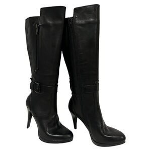 NINE WEST knee high boots platform stiletto black zip ankle buckle sz 5M NWT.
